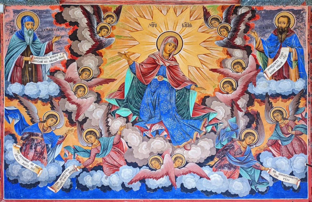 Une fresque du monastère de Rila, la Vierge entourée d'anges, inscriptions en cyrillique