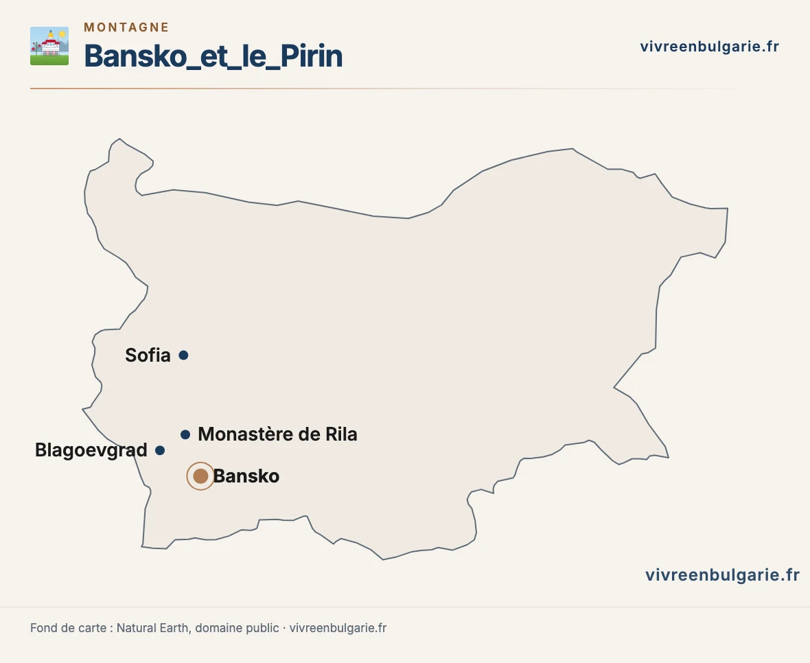 Carte de la Bulgarie situant Bansko, le Pirin, le monastère de Rila et Sofia
