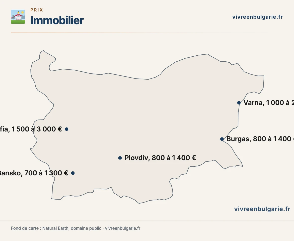 Carte de la Bulgarie situant les marchés immobiliers de Sofia, Plovdiv, Varna, Burgas et Bansko