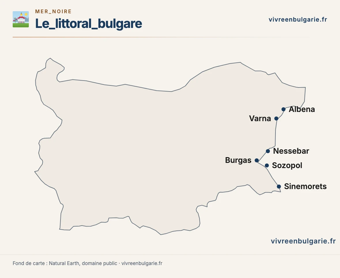 Carte du littoral bulgare de la mer Noire, d'Albena à Sinemorets