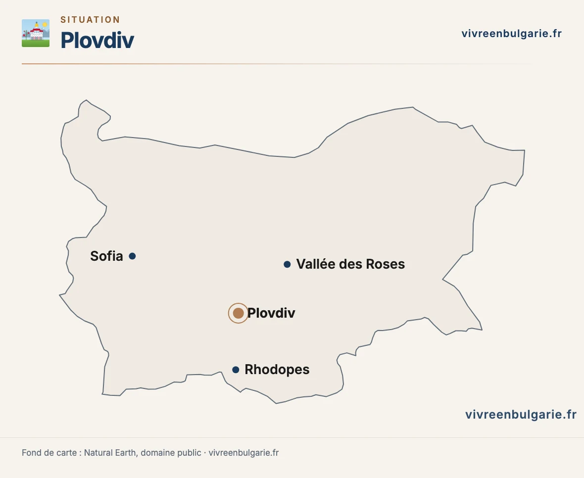 Carte de la Bulgarie situant Plovdiv, Sofia, les Rhodopes et la vallée des Roses