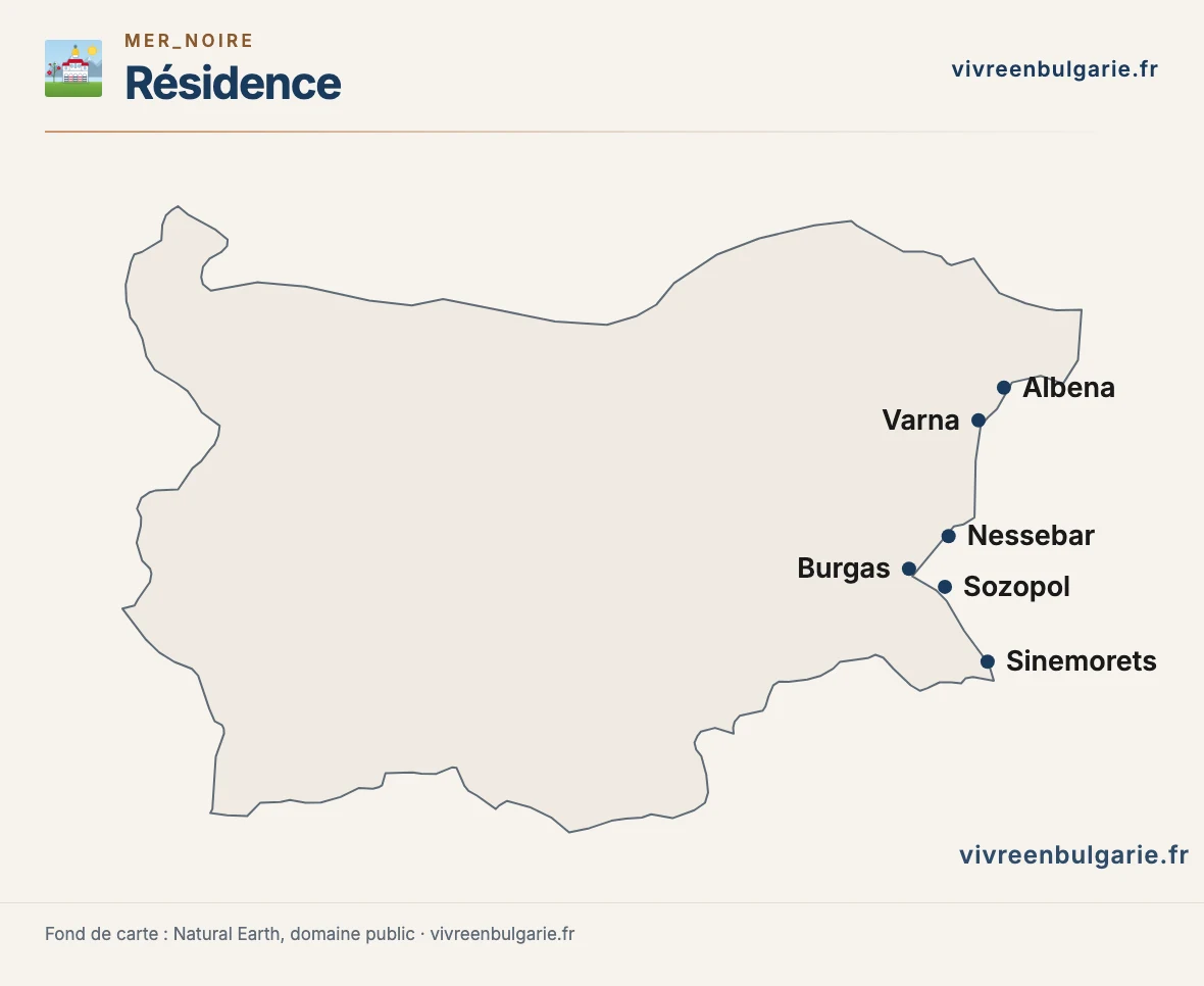 Carte du littoral bulgare situant Albena, Varna, Nessebar, Burgas, Sozopol et Sinemorets