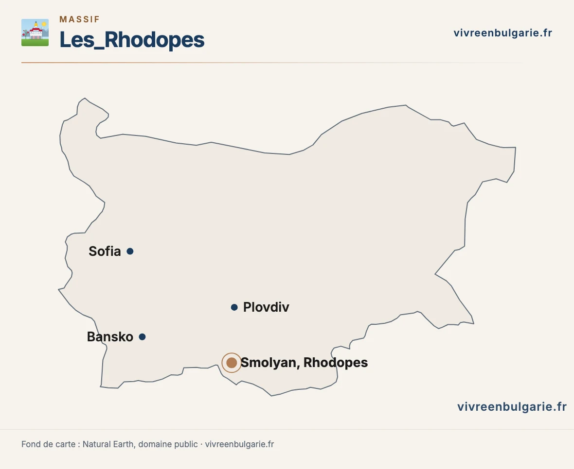 Carte de la Bulgarie situant les Rhodopes, Smolyan, Plovdiv et Sofia