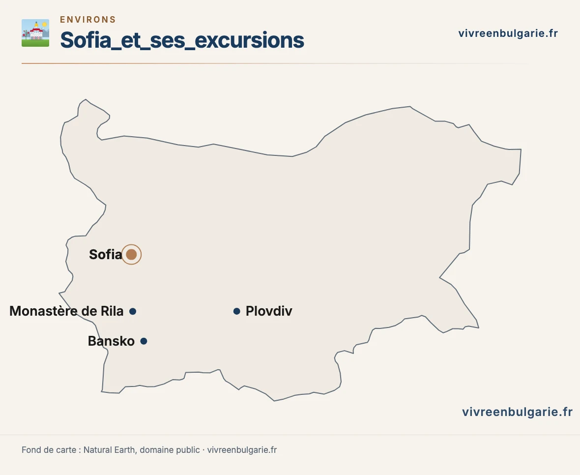 Carte situant Sofia, le monastère de Rila, Bansko et Plovdiv en Bulgarie