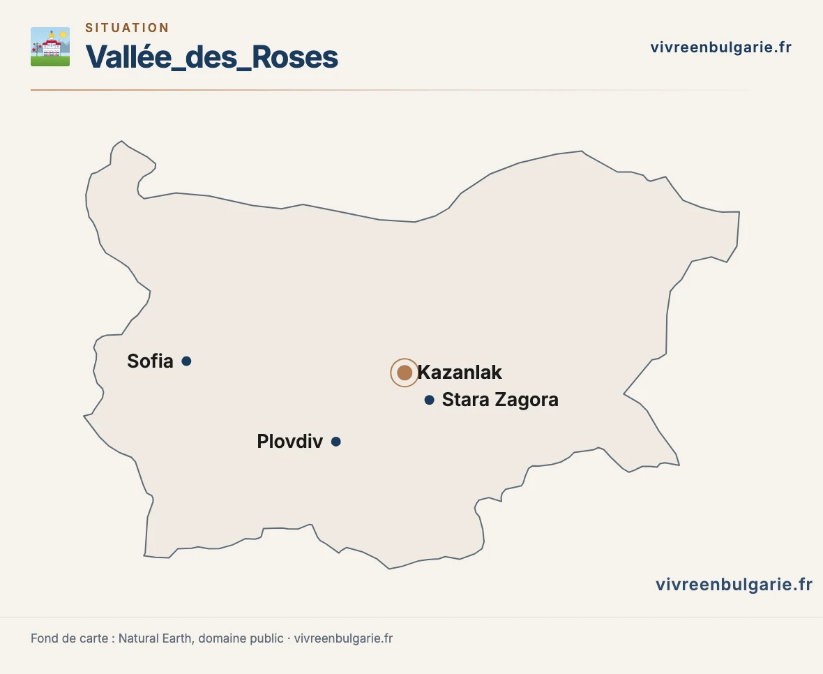 Carte de la Bulgarie situant Kazanlak, la vallée des Roses, Stara Zagora et Sofia
