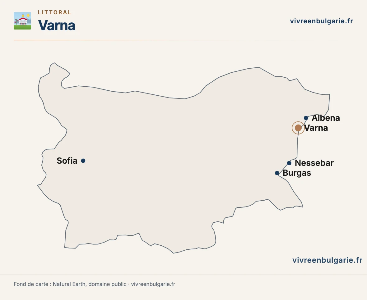 Carte de la Bulgarie situant Varna, Albena, Nessebar, Burgas et Sofia