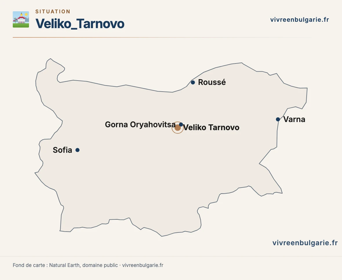 Carte de la Bulgarie situant Veliko Tarnovo, Sofia, Varna et Roussé