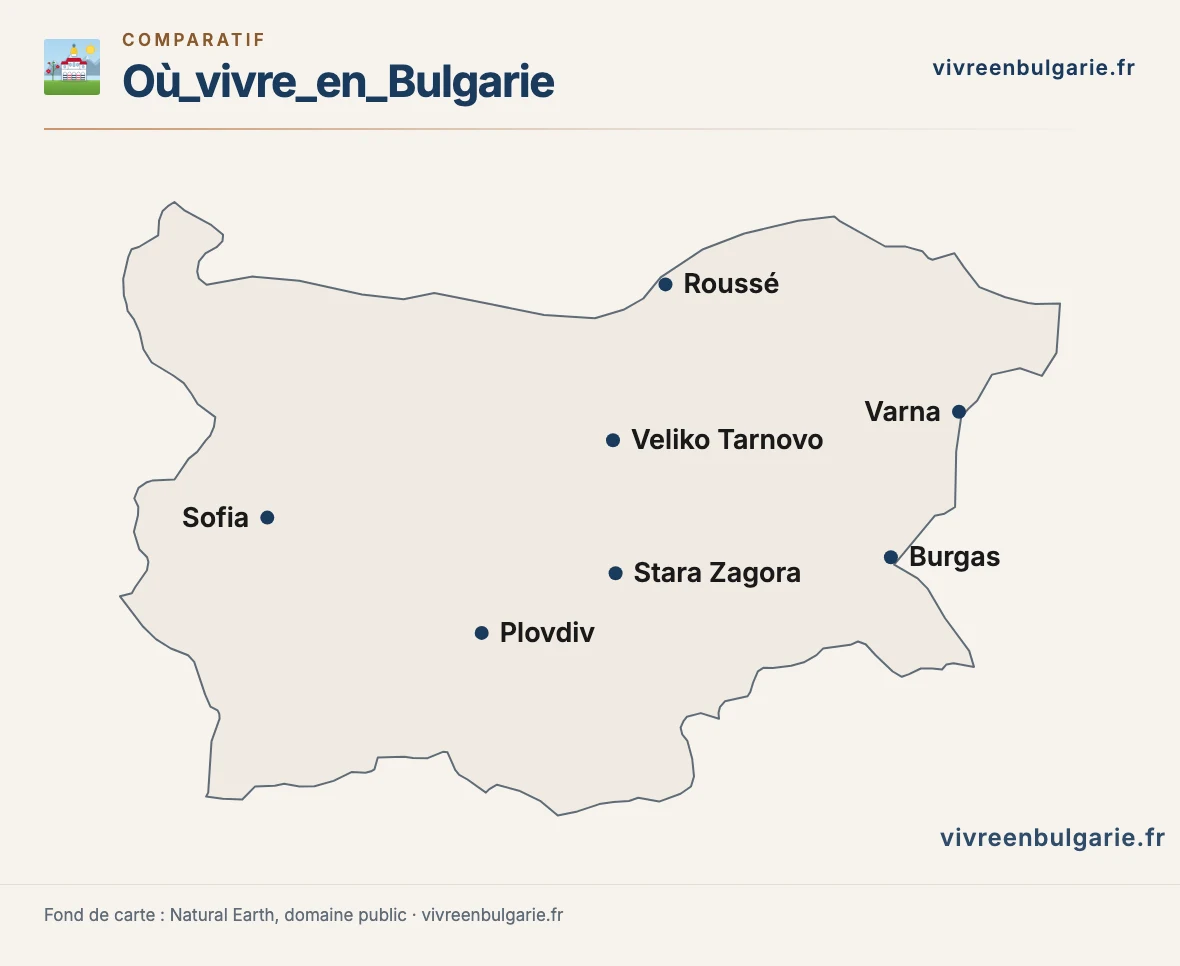 Carte de la Bulgarie situant Sofia, Plovdiv, Varna, Burgas, Roussé, Stara Zagora et Veliko Tarnovo