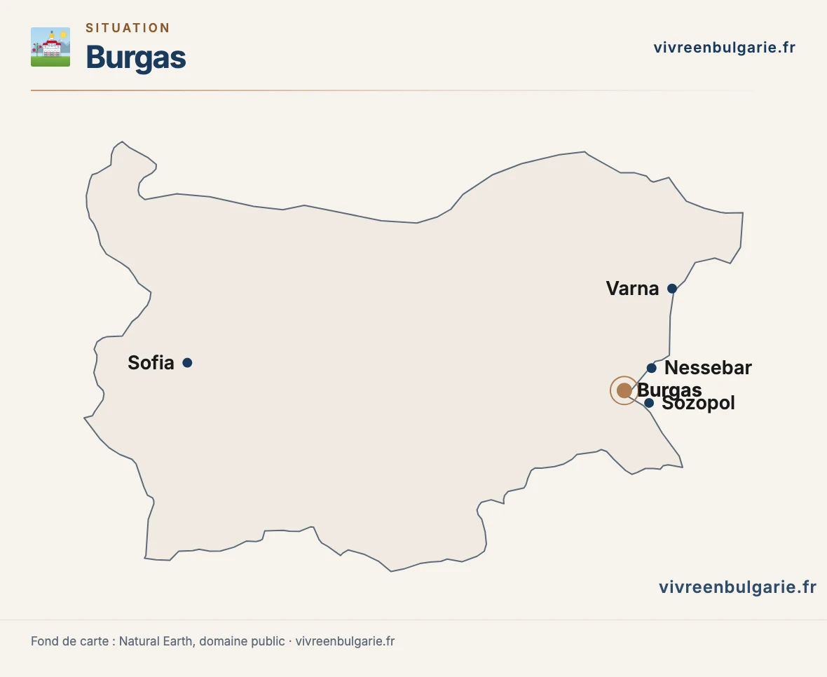 Carte de la Bulgarie situant Burgas et les villes voisines