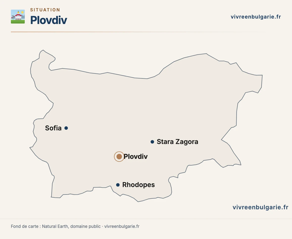 Carte de la Bulgarie situant Plovdiv et les villes voisines